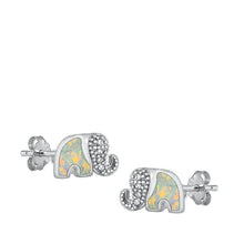 Load image into Gallery viewer, Sterling Silver Rhodium Plated Elephant White Lab Opal And Clear CZ Earrings