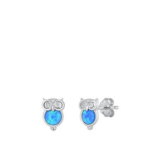 Load image into Gallery viewer, Sterling Silver Rhodium Plated Owl Blue Lab Opal Earrings-9.7mm