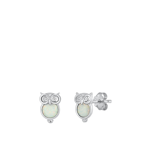 Sterling Silver Rhodium Plated Owl White Lab Opal Earrings-9.7mm