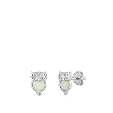 Load image into Gallery viewer, Sterling Silver Rhodium Plated Owl White Lab Opal Earrings-9.7mm