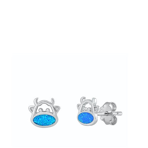 Sterling Silver Rhodium Plated Cow Blue Lab Opal Earrings