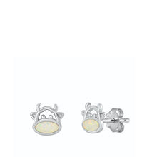 Load image into Gallery viewer, Sterling Silver Rhodium Plated Cow White Lab Opal Earrings