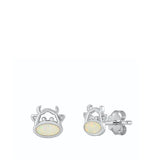 Sterling Silver Rhodium Plated Cow White Lab Opal Earrings