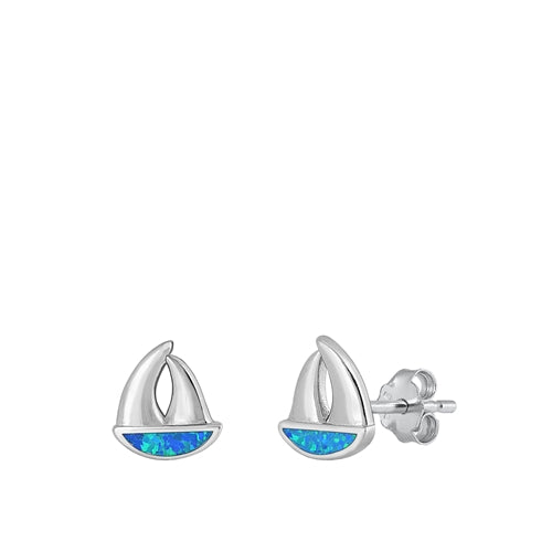 Sterling Silver Rhodium Plated Sail Boat Blue Lab Opal Earrings