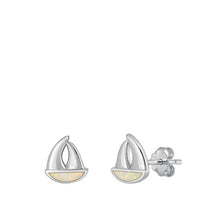 Load image into Gallery viewer, Sterling Silver Rhodium Plated Sail Boat White Lab Opal Earrings