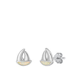Sterling Silver Rhodium Plated Sail Boat White Lab Opal Earrings