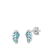 Load image into Gallery viewer, Sterling Silver Rhodium Plated Leaf Blue Lab Opal Earrings