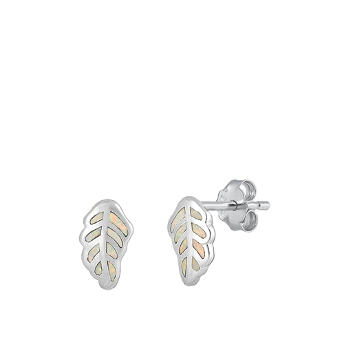 Sterling Silver Rhodium Plated Leaf White Lab Opal Earrings