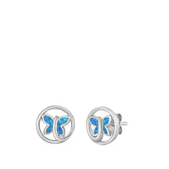 Sterling Silver Rhodium Plated Blue Lab Opal Earrings-8.8mm