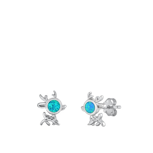 Sterling Silver Rhodium Plated Deer Blue Lab Opal Earrings-10.2mm