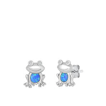 Load image into Gallery viewer, Sterling Silver Rhodium Plated Frog Blue Lab Opal Earrings-12.5mm