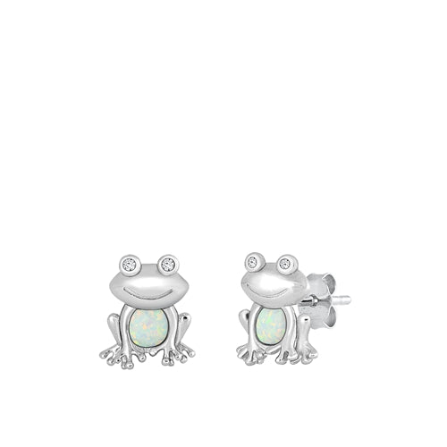 Sterling Silver Rhodium Plated Frog White Lab Opal Earrings-12.5mm