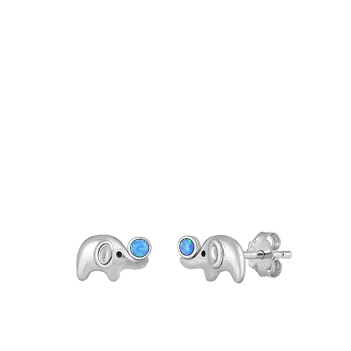 Sterling Silver Rhodium Plated Elephant Blue Lab Opal Earrings