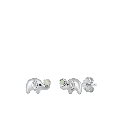 Sterling Silver Rhodium Plated Elephant White Lab Opal Earrings