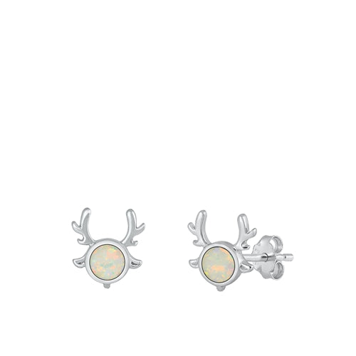 Sterling Silver Rhodium Plated Deer White Lab Opal Earrings-10.2mm