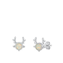 Load image into Gallery viewer, Sterling Silver Rhodium Plated Deer White Lab Opal Earrings-10.2mm