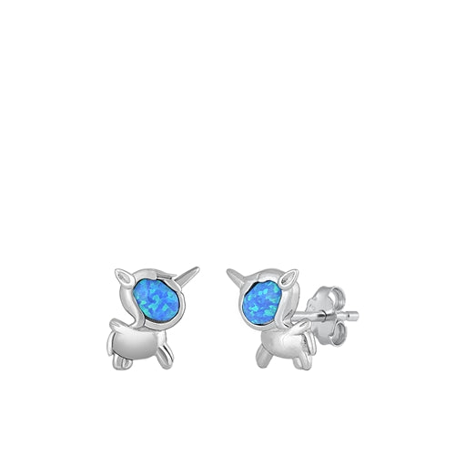 Sterling Silver Rhodium Plated Unicorn Blue Lab Opal Earrings-9.8mm