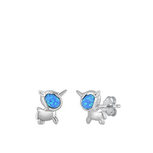 Load image into Gallery viewer, Sterling Silver Rhodium Plated Unicorn Blue Lab Opal Earrings-9.8mm