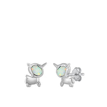 Load image into Gallery viewer, Sterling Silver Rhodium Plated Unicorn White Lab Opal Earrings-9.8mm