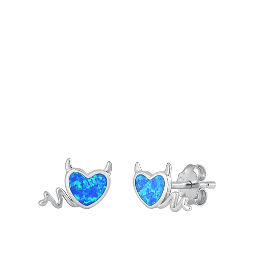 Sterling Silver Rhodium Plated Heart Devil Blue Lab Opal Earrings