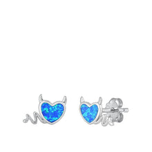 Load image into Gallery viewer, Sterling Silver Rhodium Plated Heart Devil Blue Lab Opal Earrings