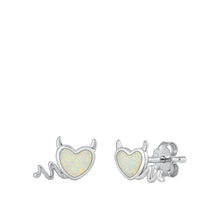 Load image into Gallery viewer, Sterling Silver Rhodium Plated Heart Devil White Lab Opal Earrings