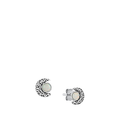 Sterling Silver Oxidized Moon White Lab Opal Earrings-6.6mm