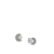 Load image into Gallery viewer, Sterling Silver Oxidized Moon White Lab Opal Earrings-6.6mm