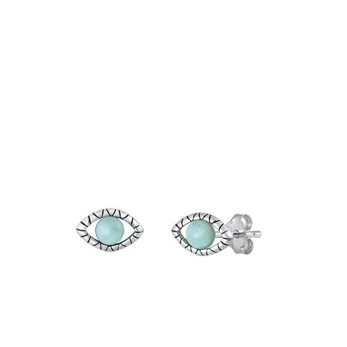 Sterling Silver Oxidized Eye Genuine Larimar Stone Earrings Face Height-4.8mm