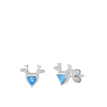 Load image into Gallery viewer, Sterling Silver Rhodium Plated Deer Clear CZ And Blue Lab Opal Earrings