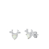 Sterling Silver Rhodium Plated Deer Clear CZ And White Lab Opal Earrings