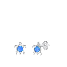 Load image into Gallery viewer, Sterling Silver Rhodium Plated Turtle Blue Lab Opal Earrings-8.5mm