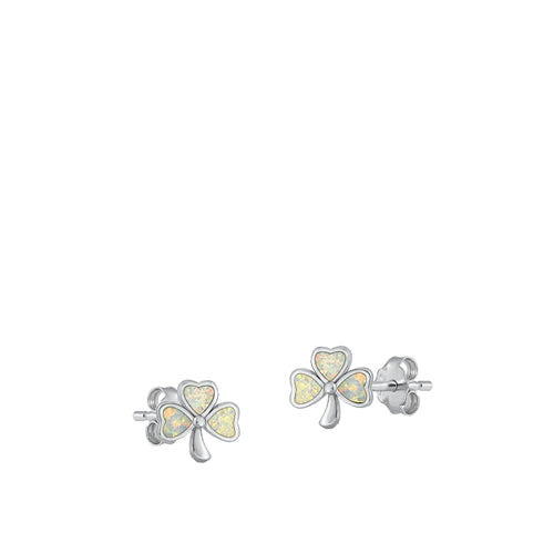 Sterling Silver Rhodium Plated Clover White Lab Opal Earrings