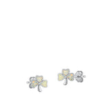 Sterling Silver Rhodium Plated Clover White Lab Opal Earrings