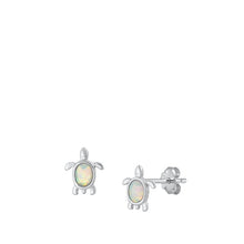 Load image into Gallery viewer, Sterling Silver Rhodium Plated Turtle White Lab Opal Earrings