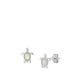 Sterling Silver Rhodium Plated Turtle White Lab Opal Earrings