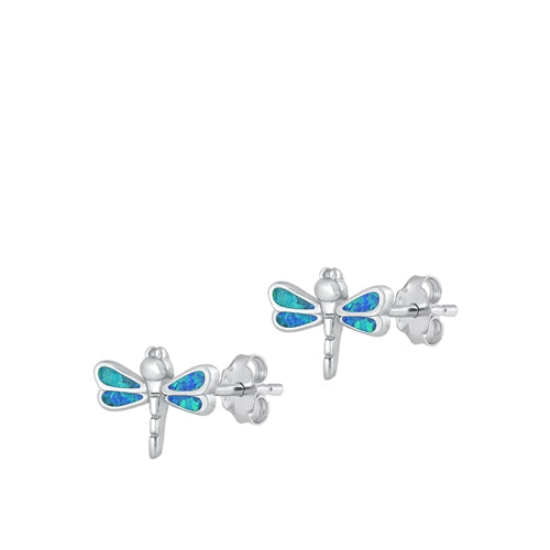 Sterling Silver Rhodium Plated Dragonfly Blue Lab Opal Earrings