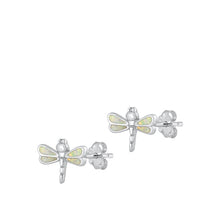 Load image into Gallery viewer, Sterling Silver Rhodium Plated Dragonfly White Lab Opal Earrings