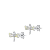 Sterling Silver Rhodium Plated Dragonfly White Lab Opal Earrings