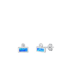 Load image into Gallery viewer, Sterling Silver Rhodium Plated Rectangle Clear CZ And Blue Lab Opal Earrings