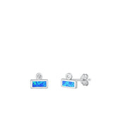 Sterling Silver Rhodium Plated Rectangle Clear CZ And Blue Lab Opal Earrings