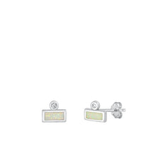 Load image into Gallery viewer, Sterling Silver Rhodium Plated Rectangle Clear CZ And White Lab Opal Earrings