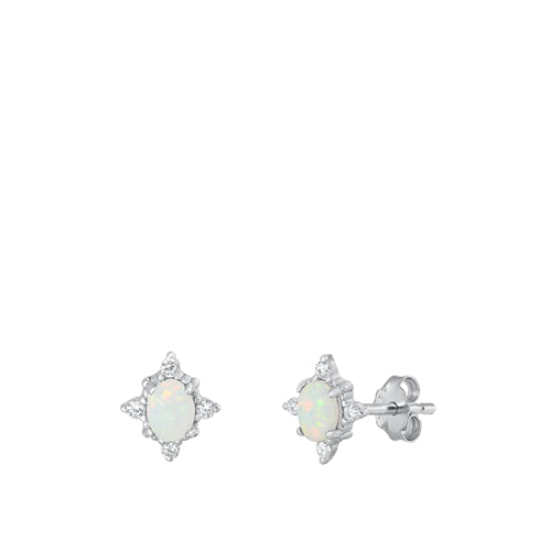 Sterling Silver Rhodium Plated Oval Clear CZ And White Lab Opal Earrings