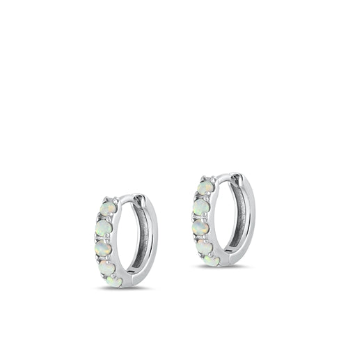 Sterling Silver Rhodium Plated Hoop White Lab Opal Earrings-11mm