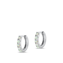 Load image into Gallery viewer, Sterling Silver Rhodium Plated Hoop White Lab Opal Earrings-11mm