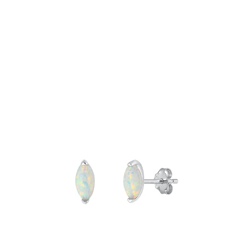 Sterling Silver Rhodium Plated Marquise White Lab Opal Earrings