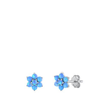 Load image into Gallery viewer, Sterling Silver Rhodium Plated Flower Blue Lab Opal Earrings