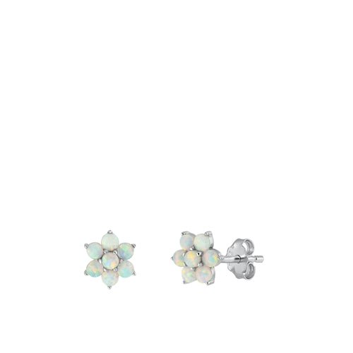 Sterling Silver Rhodium Plated Flower White Lab Opal Earrings