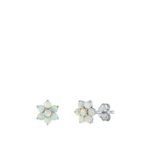 Load image into Gallery viewer, Sterling Silver Rhodium Plated Flower White Lab Opal Earrings