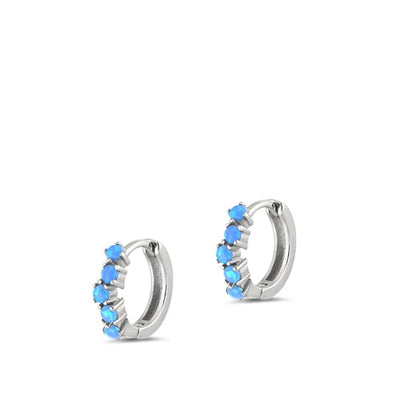 Sterling Silver Rhodium Plated Hoop Blue Lab Opal Earrings